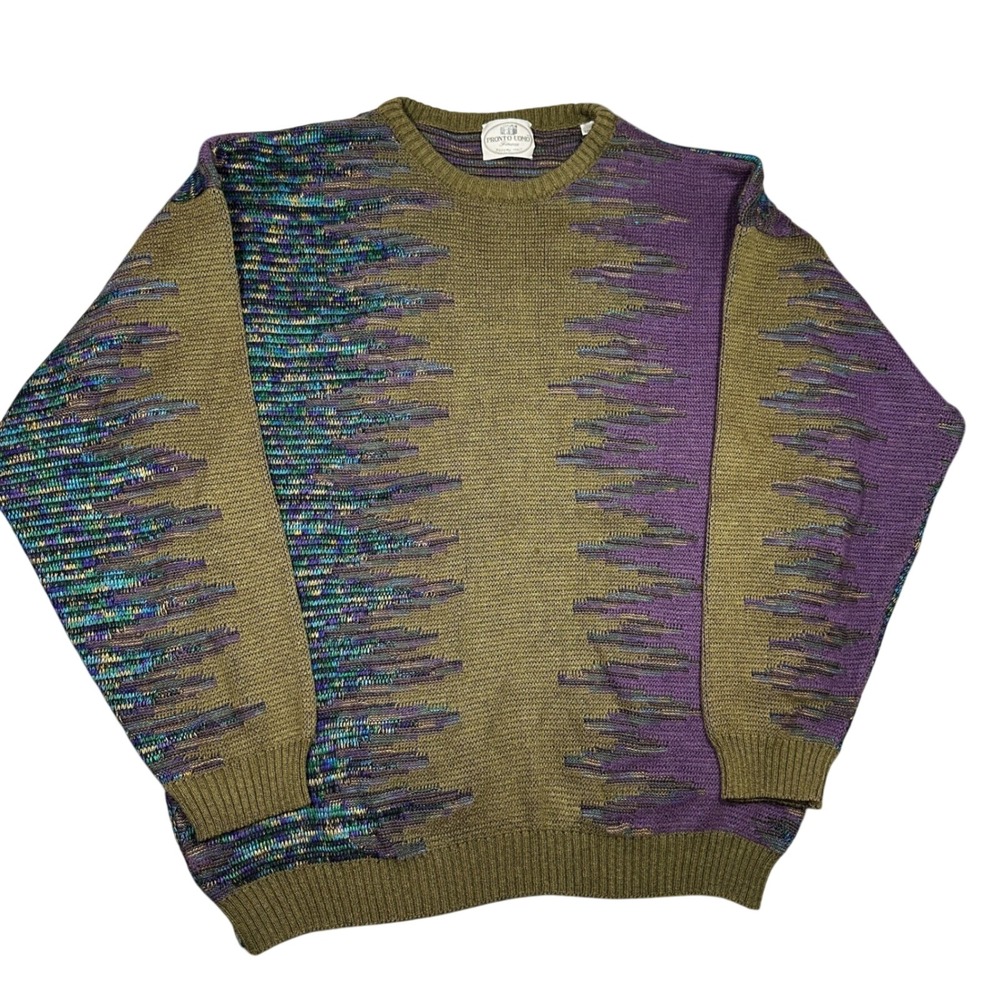 Pronto Uomo Firenze Mens Medium Abstract Knit Sweater Made in Italy Olive Purple